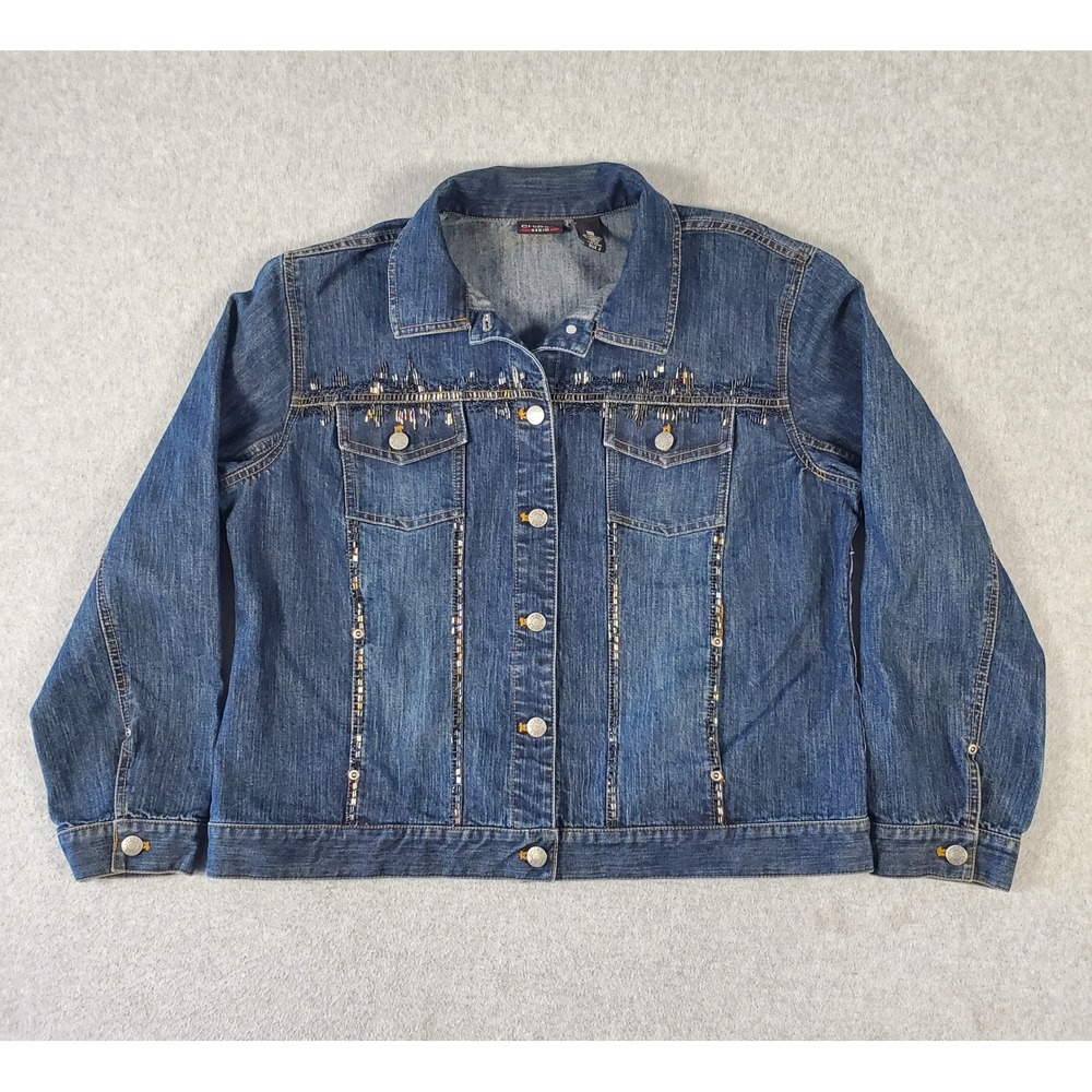 Chicos Denim Beaded Sequin Jean Jacket Womens Size 2 (XL) Blue Medium Wash